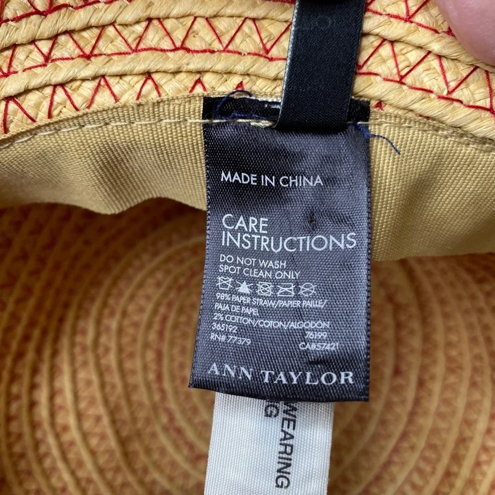 Ann‎ Taylor Womens Straw Bucket Hat Tan Red Zigzag Stitch Sun Hat Cottagecore